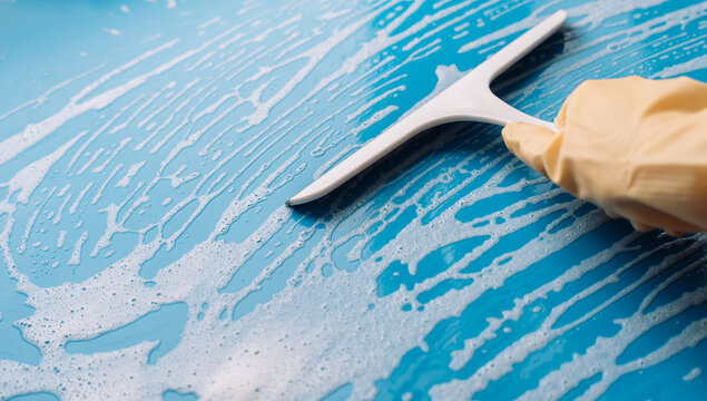 Gloved hand using a diagonal squeegee on a foamy blue surface in close view.