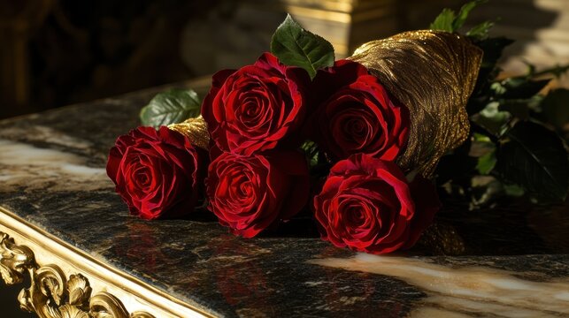 Luxurious red roses bouquet on marble table, elegant interior background