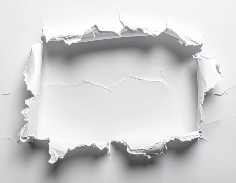 A rough, ripped opening in bright white paper reveals a bright white void