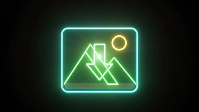 Glowing neon image icon with mountain landscape and sun neon sign neon