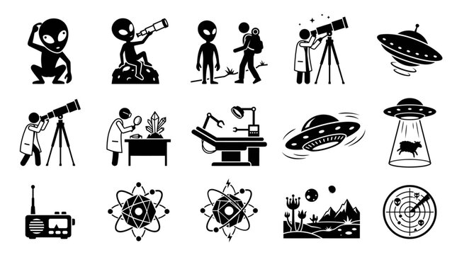 Original monochrome collection of alien, UFO, extraterrestrial encounter, and science fiction pictograms isolated on a clean white background