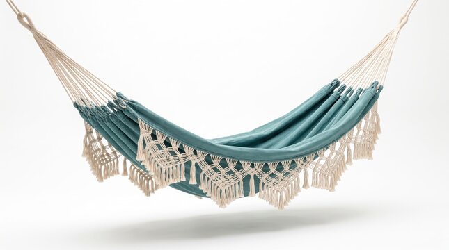 green fabric hammock with fringe for relaxing in the garden