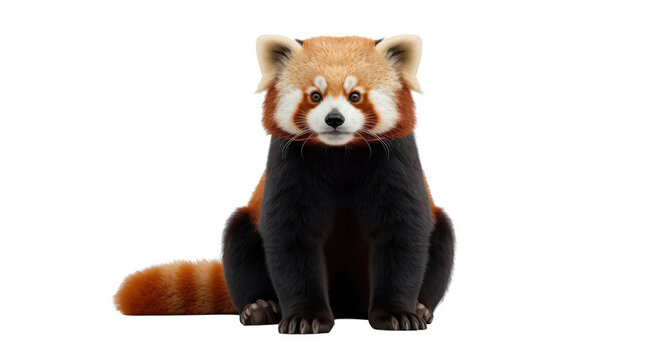 A fluffy red panda sitting calmly against a solid white background