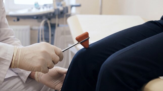 Neurological Reflex Examination, Doctor Testing Knee Joint Reflex With Medical Hammer, Patient Neurology Checkup