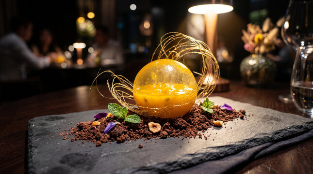 Molecular dessert featuring a glowing mango sphere on chocolate soil with spun sugar, served on a dark slate board in a fine dining setting with dramatic lighting.