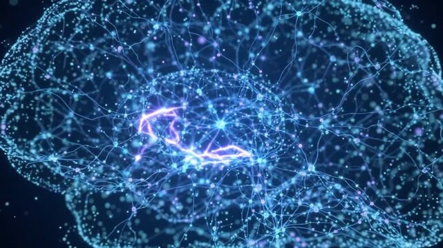Glowing human brain made of neural network and synapses firing
