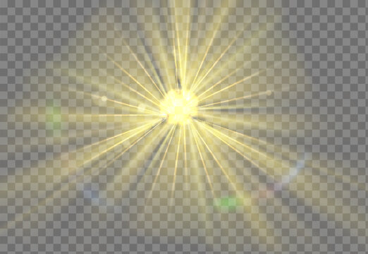 Bright light burst with rays radiating outward, creating a dramatic and ethereal effect against a transparent background,