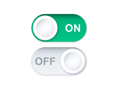 On and off toggle switch states with text labels green and gray isolated on transparent background