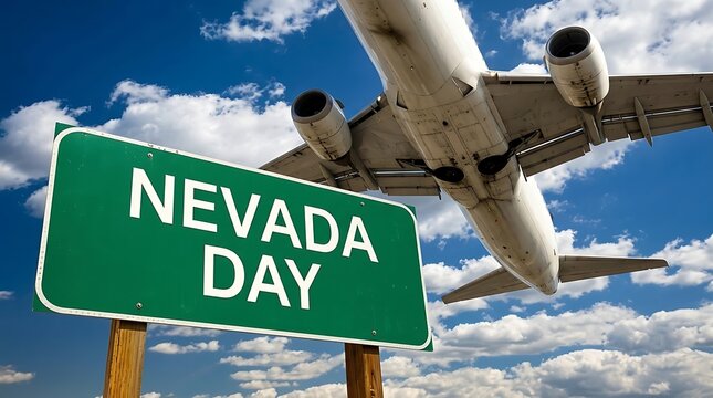 Commercial airplane flying over green nevada day sign in blue sky