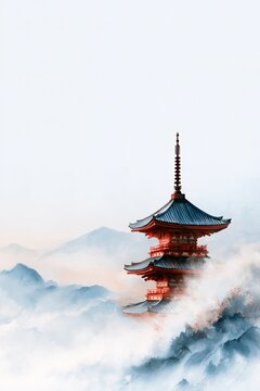 Japanese Pagoda in Misty Mountains Watercolor Illustration