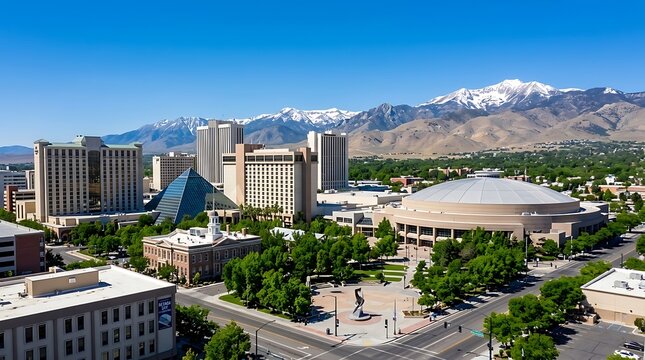 Scenic reno cityscape and snowy mountains on nevada day