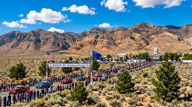 Nevada day parade with classic cars and mountain scenery