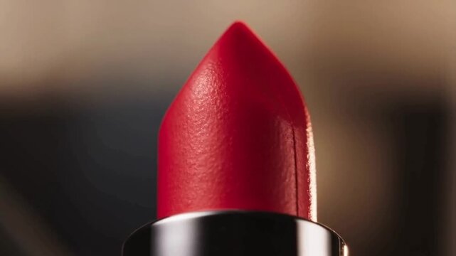 A pointed, vibrant red lipstick with a black base and a silver ring, set against a soft, warm bokeh background.