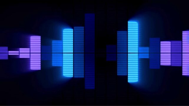 Blue and purple glowing blocks flank the vertical bar in the center, forming an equalizer pattern on a black background.