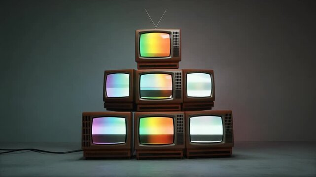 Retro TV Stack with Rainbow Spectrum Screens, Vintage Technology Concept