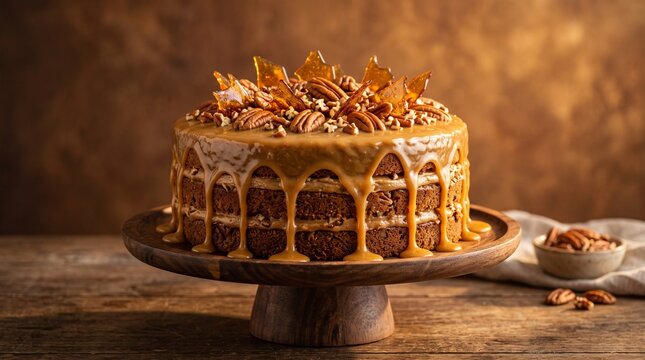 Decadent caramel pecan cake with layers of moist cake, creamy caramel frosting, crunchy pecans, and golden caramel glaze on a wooden cake stand.
