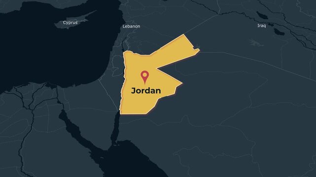 Jordan Middle East Map Locator Animation Dark Theme 4K, Clean dark theme animated locator map highlighting Jordan in the Middle East for geography, education, travel, documentary and geopolitical ref
