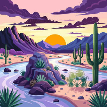 Nevada day celebration desert landscape with cactus and sunset sky