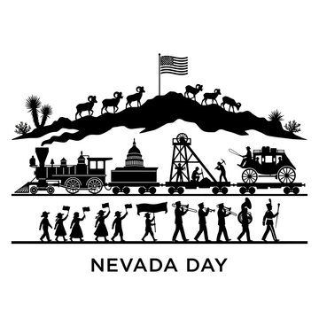 Nevada day heritage silhouettes with mining train and marching band