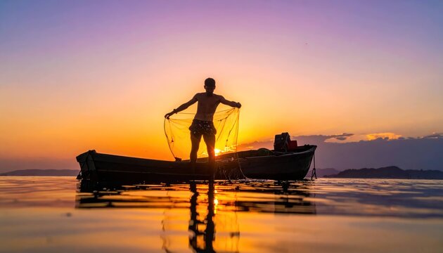Fisherman casting net on boat at sunset photo, silhouette of traditional fisherman on calm water