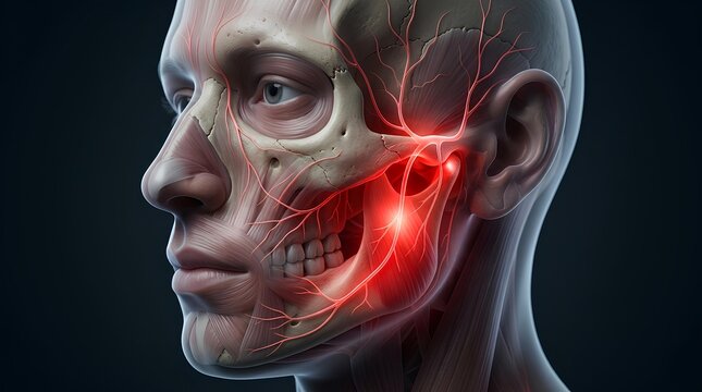 Close-up human face anatomy showing trigeminal nerve pain.