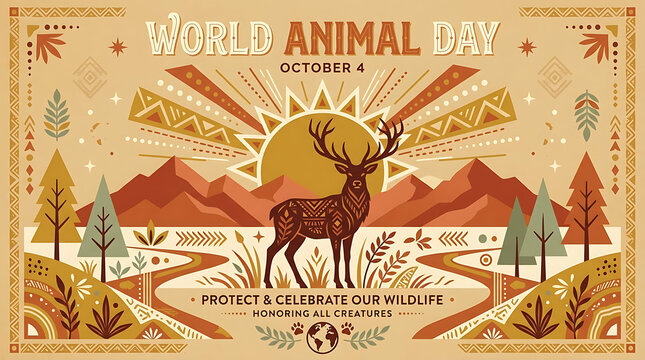 World animal day poster with central deer and mountain landscape in a rustic flat illustration style nature conservation animal protection rustic design