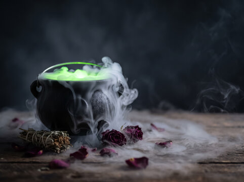 Bubbling green potion in a black cast-iron cauldron with rolling fog on a dark wooden table