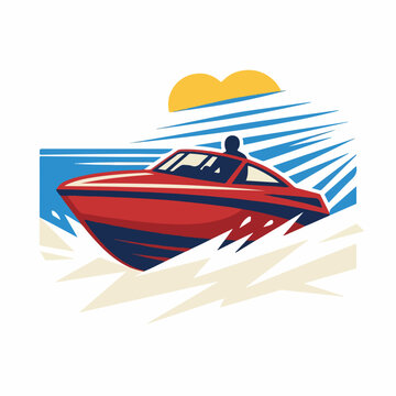Red speedboat racing on water with dynamic motion lines.