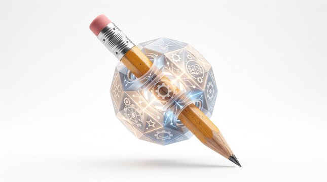 Futuristic pencil with glowing crystal orb, abstract creative design concept for innovation and education, studio shot on white background