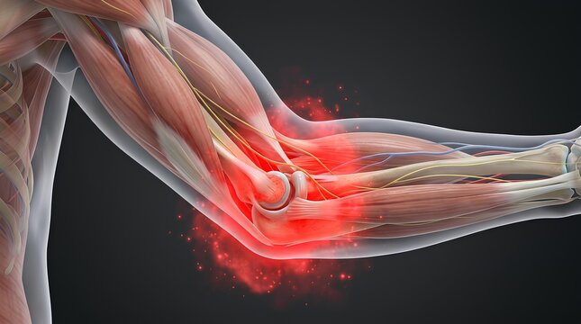 Anatomical arm illustration highlighting elbow joint and muscle pain.