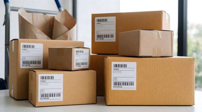 cardboard shipping boxes with labels prepared for package delivery and ecommerce
