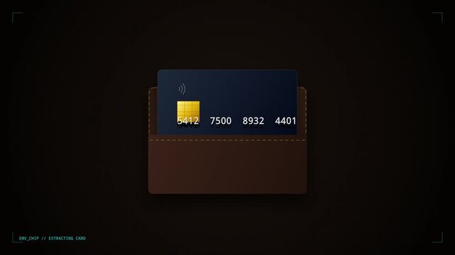 Luxury Leather Wallet with Contactless Credit Card Sliding Out and Golden EMV Chip Animation
