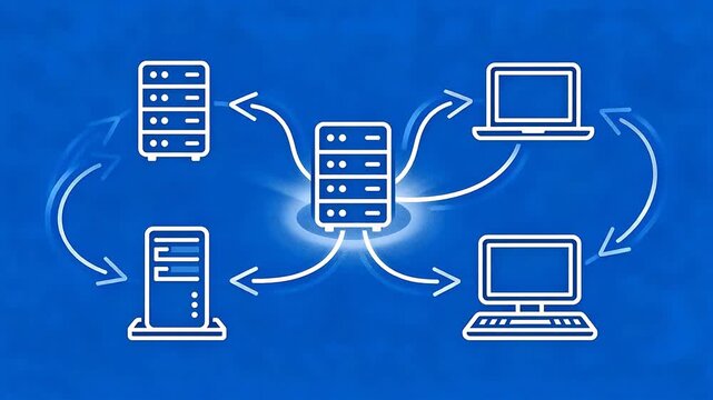 Abstract blue network connection lines linking computers and servers in digital space