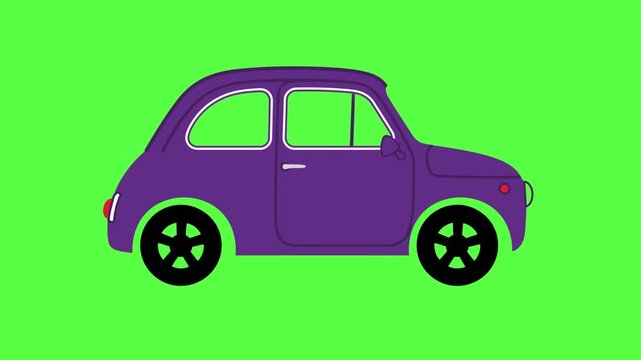Purple Cartoon Compact Car on Green Screen Background