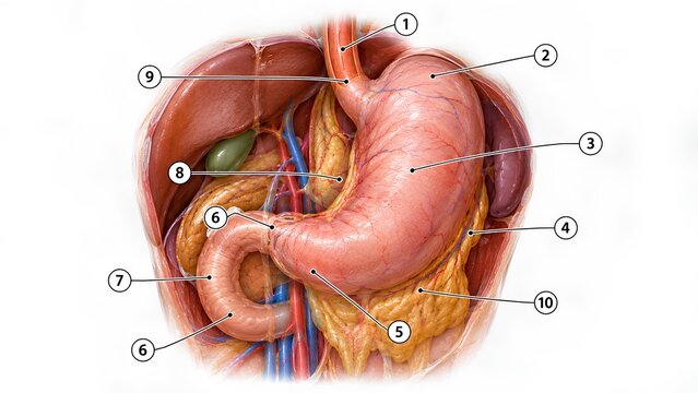 Ultra-realistic medical anatomy illustration showing the human stomach and surrounding upper digestive organs, detailed vascular structures, numbered markers, and clean educational presentation.