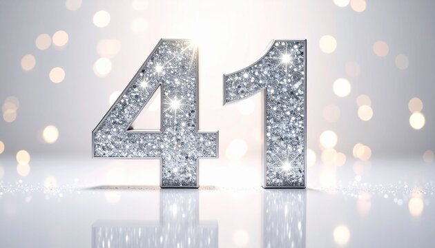 Silver Glitter Number 41 with Sparkling Bokeh Background