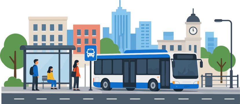 People waiting at urban bus stop with city bus vector