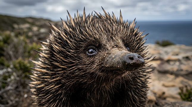 Close-up of a curious and spiky wild boar-facing camera with scenic coastal landscape in the background