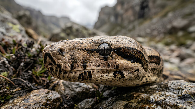 Close-up of a resilient snake camouflaging with rocky terrain in a rugged mountain landscape capturing nature's stealthy