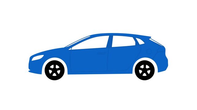 Blue Cartoon Hatchback Car in Side View on White Background
