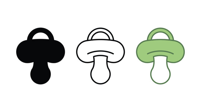 Pacifier vector set featuring solid black outline and green colored baby dummy icons isolated on white background for infant care product design elements