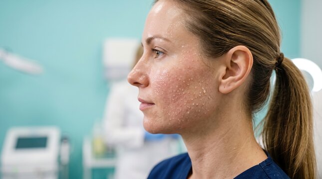 Female patient showing multiple papules after facial biorevitalization mesotherapy injection