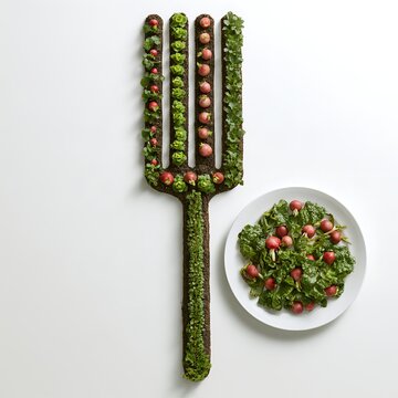  four straight parallel vegetable beds forming the four tines and one long narrow planted bed forming the handle, rows of tiny lettuce and radishes with realistic soil texture,