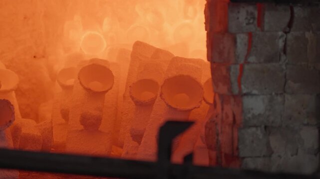 Rows of ceramic shell molds glow orange inside a brick lined kiln during preparation for investment casting.