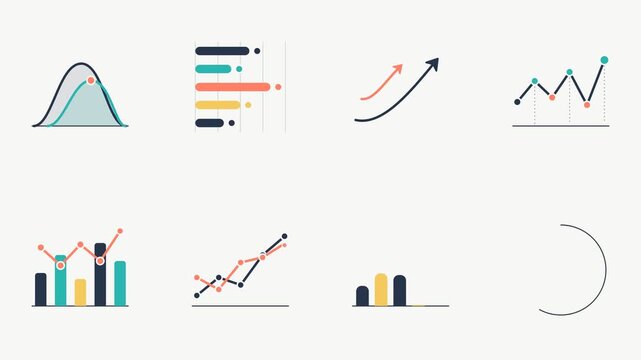 Flat design animated business infographic elements featuring bar graphs, line charts, growth arrows, bell curve, and pie chart on a light background