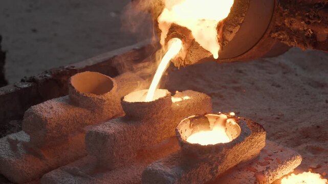 Molten metal flows from a tilted ladle into a ceramic mold while a long handled scoop adds dark material to a neighboring filled opening.