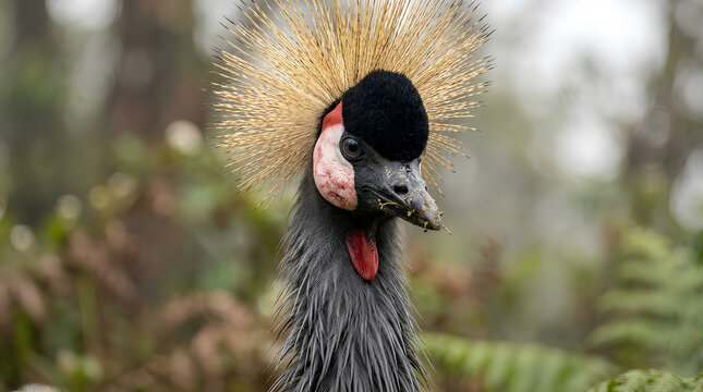 vibrant crowned bird with striking feather fan and distinct facial features in natural habitat