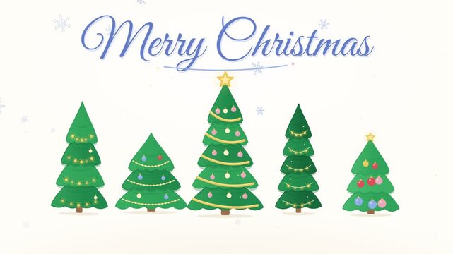 Festive winter animation featuring five decorated Christmas trees with falling snowflakes and elegant blue Merry Christmas script text on a light background