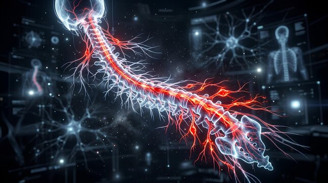 Glowing spinal cord with radiating red nerve pain.