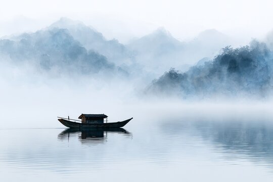 Traditional Japanese Boat on Misty Mountain Lake Watercolor